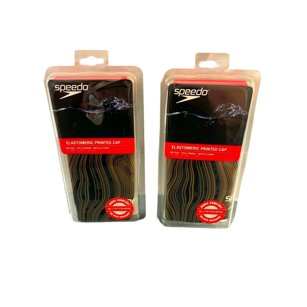 Speedo Swim Caps 2 Pack Unisex One Size Gold Black Printed Silicone Elastomeric